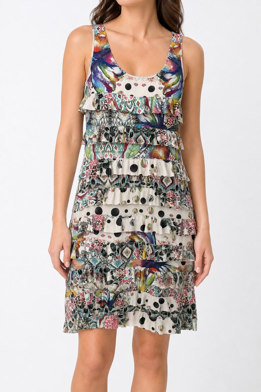 Tango Mango Womens Tiered Ruffle Mixed Print Dress XS Lightweight Stretch Y2k